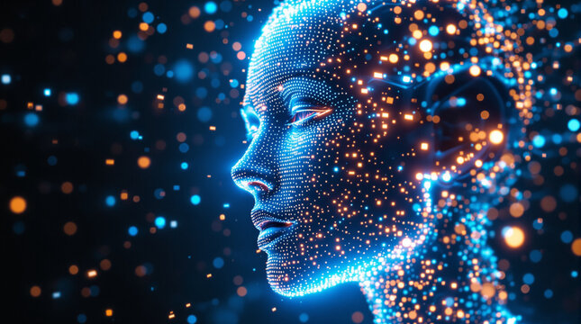 Futuristic profile of digital woman with glowing particles for modern AI technology concepts - Powered by Adobe