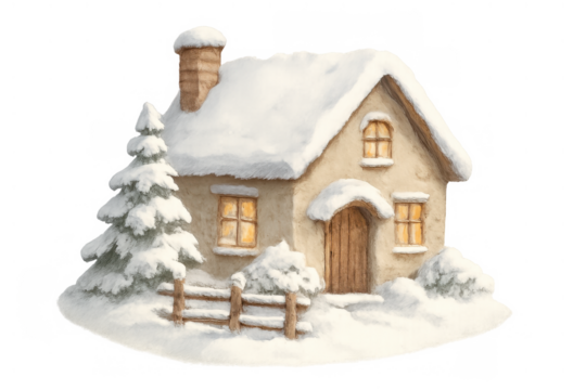 Cozy winter cottage illustrating festive holiday season, a charming snowy house with glowing windows and a christmas tree