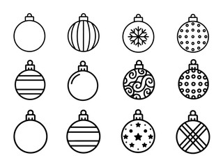 Set of twelve Christmas bauble icons featuring snowflake stars polka dots stripes swirls on a white background