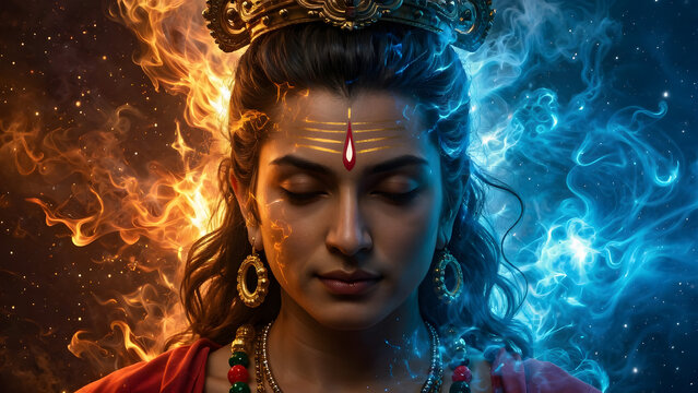 Hindu Deity Meditating in Cosmic Fire and Ice Energy