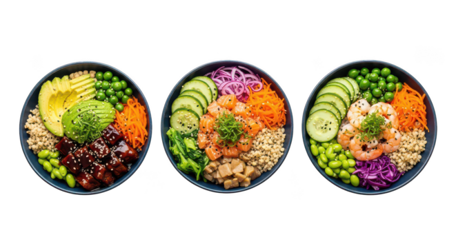 Three Healthy Poke Bowls With Salmon Shrimp And Tofu On Black - Powered by Adobe