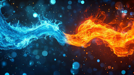 Fire and water elements intertwine, forming a dynamic, balanced scene where opposing forces coexist in a vibrant, glowing interplay of energy and motion.