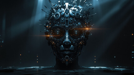 Striking mechanical robot head with intricate gears and futuristic design for tech concepts