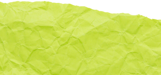 Ripped edge of acid green crumpled paper, isolated textured scrap for collage in bright colors