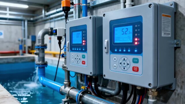 Closeup of advanced automated control panels in a stormwater drainage facility monitoring flow rates and ensuring efficient water management in diverse environments.