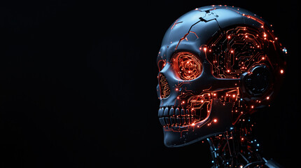 Cybernetic skull with glowing circuits offers a modern technology concept for digital age design
