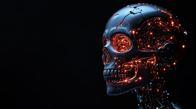 Cybernetic skull with glowing circuits offers a modern technology concept for digital age design