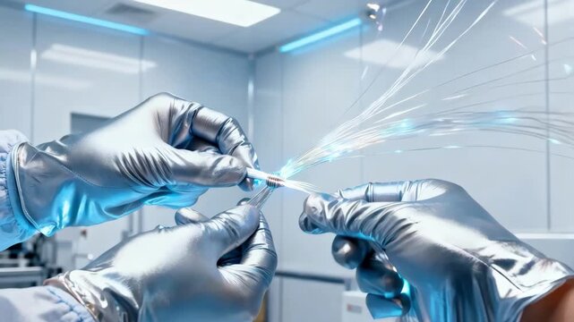 Hands connect fiber strands in a controlled environment optimizing data transmission speed