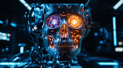 Futuristic robot skull with vibrant glowing circuit patterns for innovative tech concepts