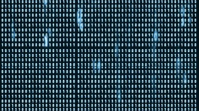 A mesmerizing digital abstract featuring a dense grid of binary numbers transitioning and flowing. Subtle glitches and glowing particles add dynamic texture to the cool blue and dark background.