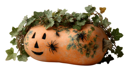 Carved scary Halloween face on butternut squash with black spiders and ivy twigs isolated on white background