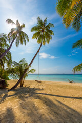 A swing is in the frame. Tropical island beach landscape exotic shore coast. Tranquil closeup calm sea water waves with palm trees. Summer vacation, holiday amazing nature. Relax paradise, Maldives.