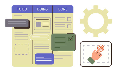 Task management board with to-do, doing, done columns, sticky notes, checklist, hand icon pressing, and gear. Ideal for productivity, workflow organization planning teamwork agile projects © robu_s
