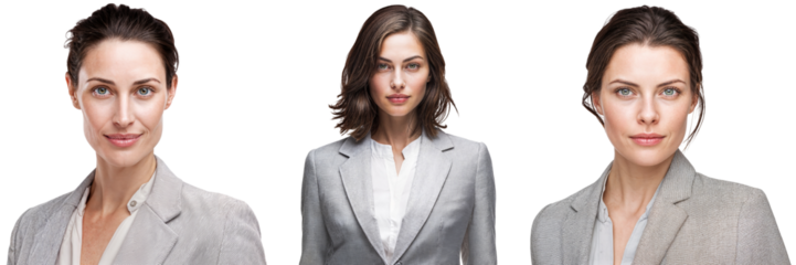 Set of confident businesswomen in light gray blazers, isolated on transparent background