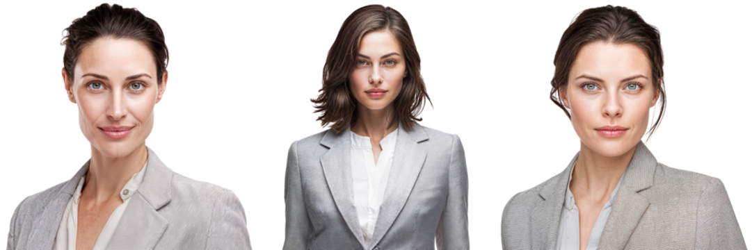 Set of confident businesswomen in light gray blazers, isolated on transparent background