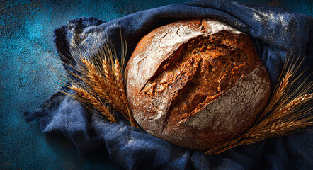 Freshly baked rye bread with wheat ears on dark blue background evokes warmth and comfort, perfect for any meal