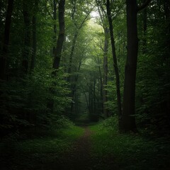 Obraz premium A deep, dark, and mysterious forest with heavy green foliage, thick undergrowth, and towering ancient trees blocking the sunlight, ominous, vegetation, green