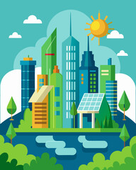 Obraz premium A bustling city center its skyscrapers sporting green walls equipped with solar panels making a bold statement about the citys commitment to renewable energy.. Vector illustration
