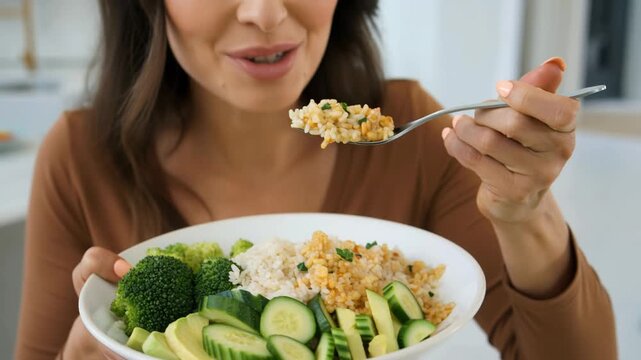  Adult woman eating a healthy balanced meal at home, holding a plate with rice, grains, cucumber, avocado and broccoli, practicing portion control and mindful nutrition, close-up in bright kitchen