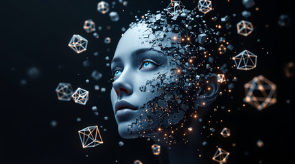 Futuristic AI woman with glowing blue eyes and circuit details presents data insights