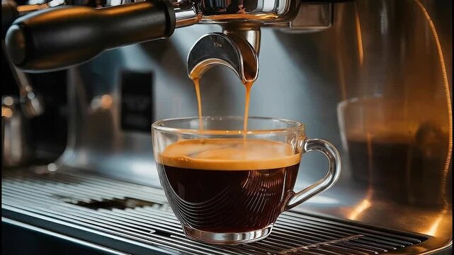 Espresso being brewed into a clear glass cup