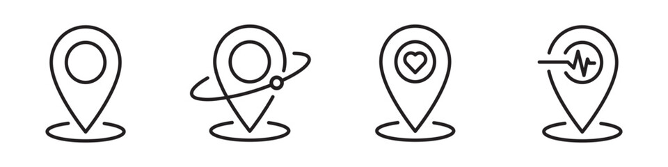 Location pin icon variations with orbit, heart, and pulse elements. Modern vector map marker set for GPS navigation, healthcare, or connection concept design © BraveSpirit