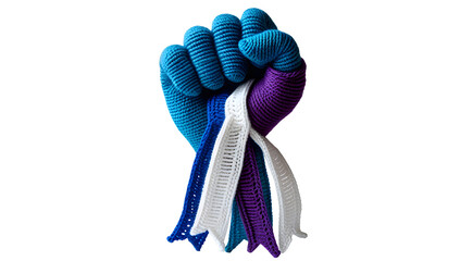 Crocheted fist with ribbons a symbol of solidarity and support isolated on white background