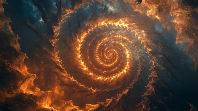 Fiery spirals twist like a DNA helix, symbolizing primal creation and raw elemental energy in a dynamic, glowing, and mesmerizing pattern.