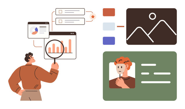 Person examining bar charts, user profiles, image cards, and layouts with magnifier. Ideal for analytics, profile management, web design, project planning study research communication. Simple flat