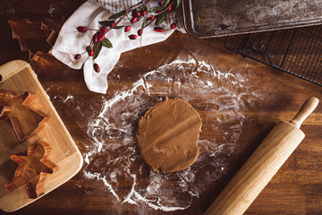 baking gingerbread cookies, dough, rolling pin and cookie sheet from above