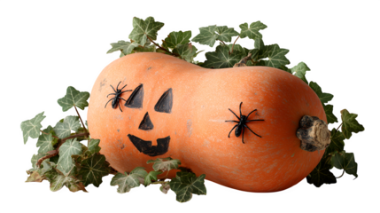 Carved scary Halloween face on butternut squash with black spiders and ivy twigs isolated on white background
