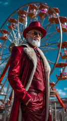 Obraz premium A man in a red coat and hat standing in front of a ferris wheel