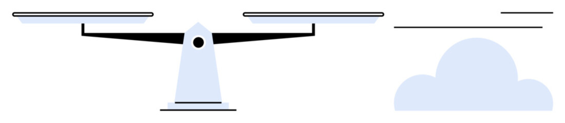 Scale balanced on a central pivot with minimal clouds in the background. Ideal for justice, equality, decision-making, balance, legal themes, cloud computing, data neutrality. Simple flat metaphor
