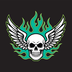 A cool rock and roll skull with large angel wings, engulfed in vibrant green mystical flames vector illustration.