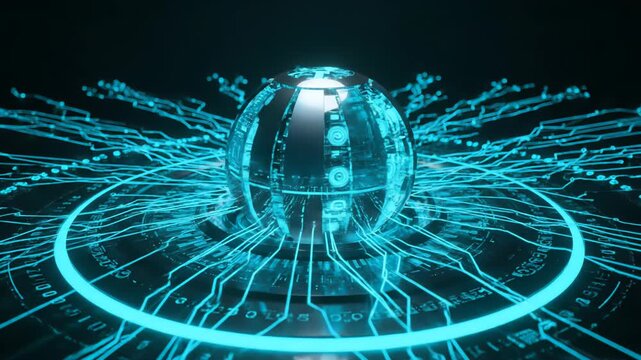 A glowing neon blue sphere levitates above a digital network, surrounded by illuminated circuit board patterns and energy conduits against a dark, futuristic backdrop.
