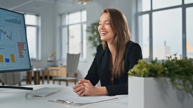  Confident businesswoman laughing during a casual meeting at a modern open‑plan office desk, hands clasped beside a computer monitor with charts, showcasing leadership, teamwork energy 