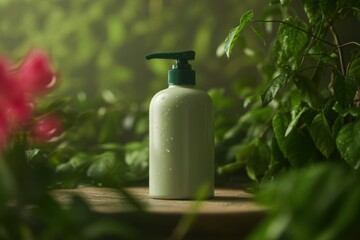 Natural skincare product bottle amidst lush green foliage and soft pink flowers