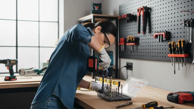 Side view of a professional switching between different drill bits on a portable drill underlining versatility and efficiency in a modern DIY workspace.