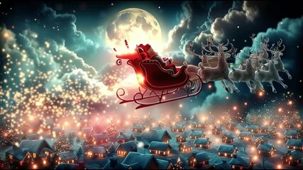 Santa Claus with his sleigh and reindeer flies over the village - Powered by Adobe