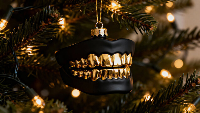 Black Christmas ornament shaped as bold lips with gold grillz hanging on a festive evergreen tree with warm glowing lights