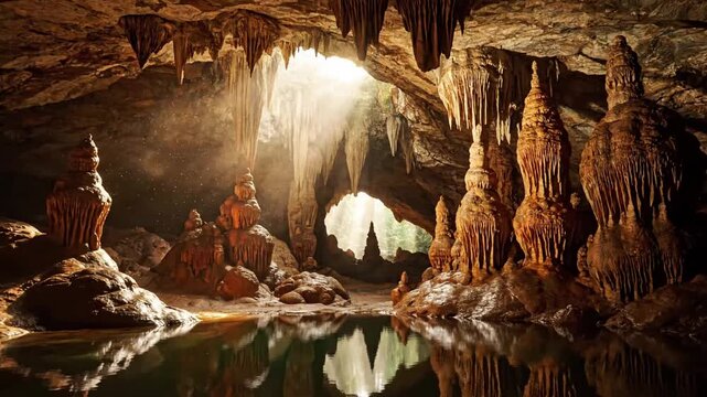 Intricate close up of a glistening stalactite or stalagmite, showcasing mineral deposits and water droplets slowly forming over millennia, emphasizing the passage of time. - Powered by Adobe