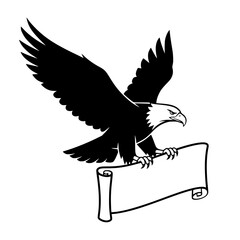Fototapeta premium An majestic soaring eagle clutching a scroll. A powerful symbol of freedom and authority. The image is rendered with bold black and white lines. vector illustration