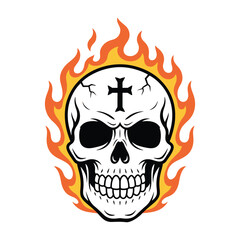 A fierce and demonic skull with a cross on its forehead, engulfed in powerful orange flames vector illustration.