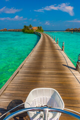 Bicycle basket in the frame. Tropical island beach landscape exotic shore coast. Tranquil closeup calm sea water waves. Summer vacation, holiday amazing nature. Relax paradise, Maldives.