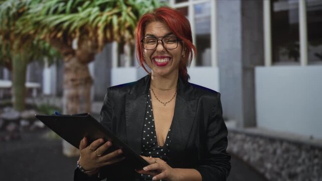 Woman smiling while holding clipboard with visible cleavage outside a building courtyard; confidence approachability professionalism.