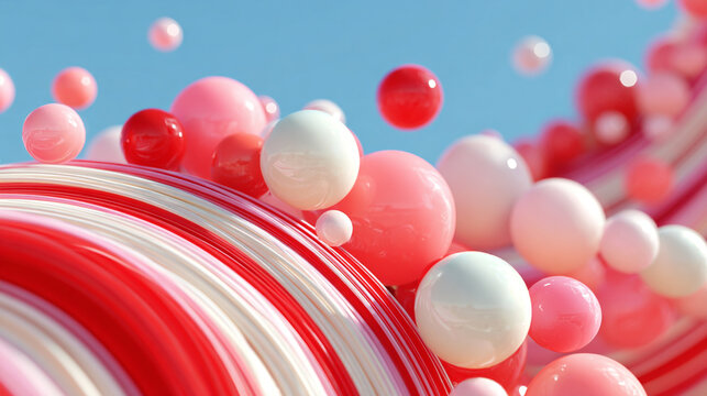 Abstract spheres float in a soft arc pattern, creating a graceful, harmonious composition with gentle gradients and luminous highlights.