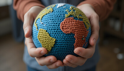 Crocheted globe held in hands representing environmental awareness a concept for sustainability and global responsibility