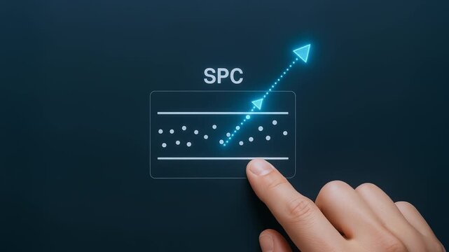 Statistical process control chart with hand pointing data points and arrow illustrating machine learning driving growth and predictive insights