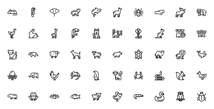 Animals icon set. Vector illustration of animal collction. Includes mouse, tigr, panda, giraffe, lion, eephant, monkey, snake, owland more wildlife symbols.