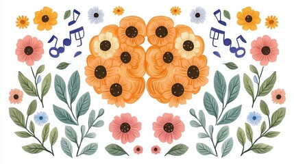 Symmetrical Floral Arrangement with Orange and Pink Flowers and Green Leaves on White Background in Graphic Style